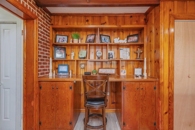 room details featuring hardwood / wood-style flooring, built in desk, and wood walls