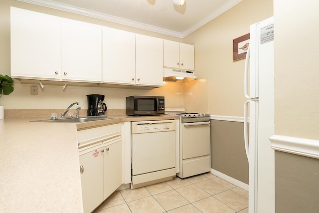 kitchen featuring sink, white cabinetry, crown molding, light tile patterned floors, and white appliances