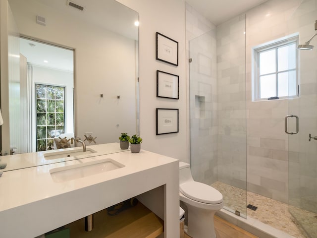 bathroom featuring vanity, toilet, and an enclosed shower