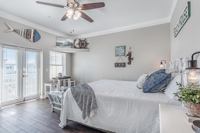 bedroom with access to exterior, crown molding, french doors, and ceiling fan