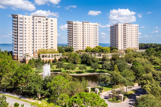 birds eye view of property featuring a water view