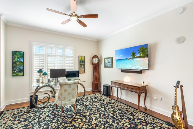 home office featuring crown molding, ceiling fan, and hardwood / wood-style flooring