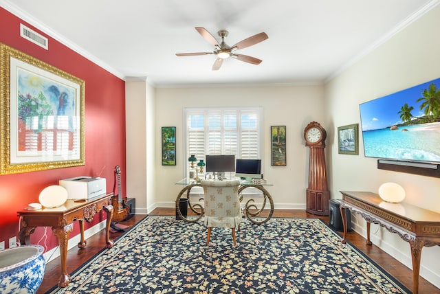 home office featuring wood-type flooring, ceiling fan, and crown molding