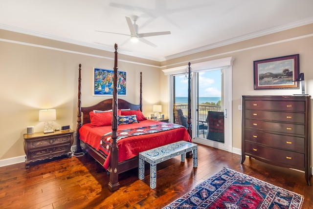 bedroom featuring ornamental molding, dark hardwood / wood-style floors, access to outside, and ceiling fan