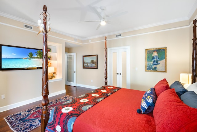 bedroom featuring ornamental molding, dark hardwood / wood-style floors, ceiling fan, and french doors