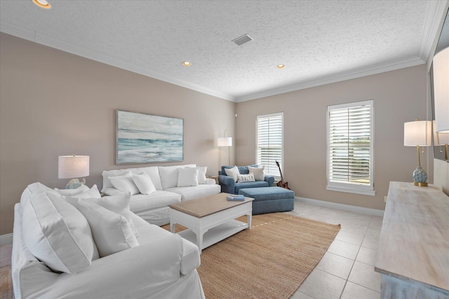 tiled living room featuring ornamental molding and a textured ceiling