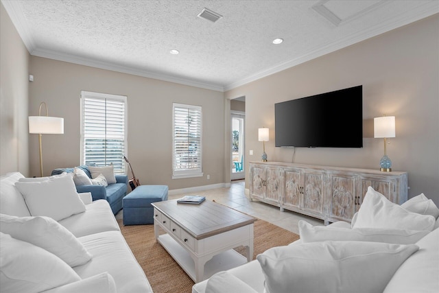 living room featuring ornamental molding, a textured ceiling, and light tile patterned floors