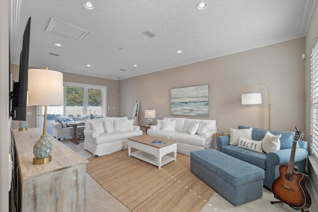 tiled living room featuring crown molding and a textured ceiling