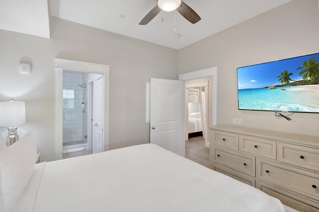 bedroom with connected bathroom and ceiling fan