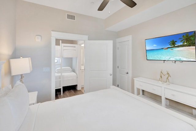 bedroom featuring hardwood / wood-style flooring and ceiling fan