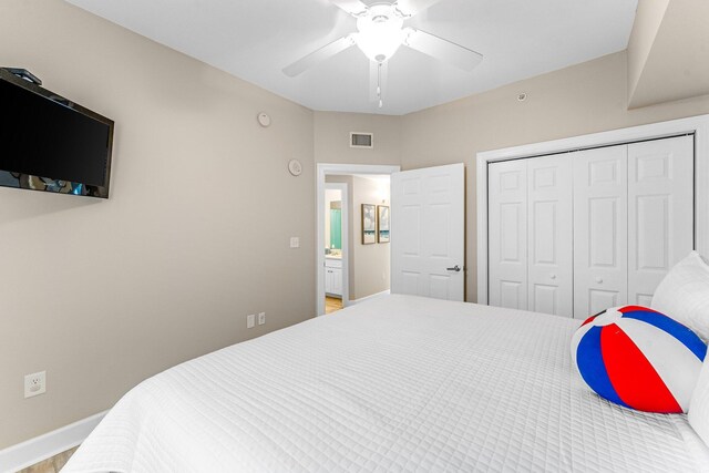 bedroom featuring ceiling fan and a closet