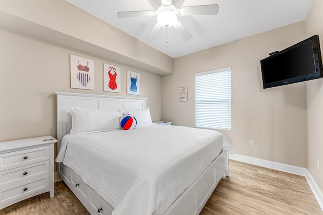 bedroom with ceiling fan and light wood-type flooring