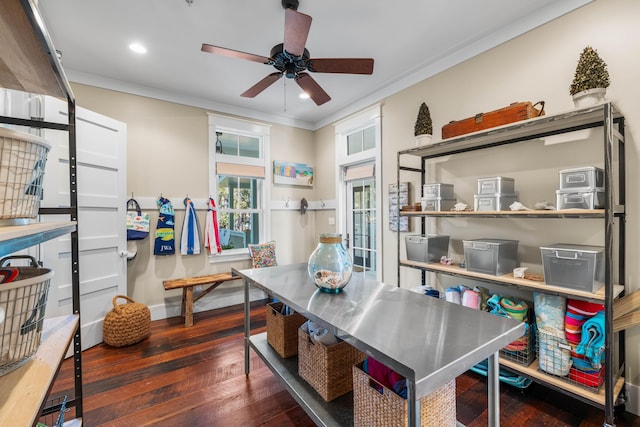 office featuring hardwood / wood-style floors, a ceiling fan, crown molding, and recessed lighting