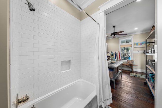 full bath with ceiling fan, recessed lighting, wood finished floors, shower / tub combo with curtain, and crown molding