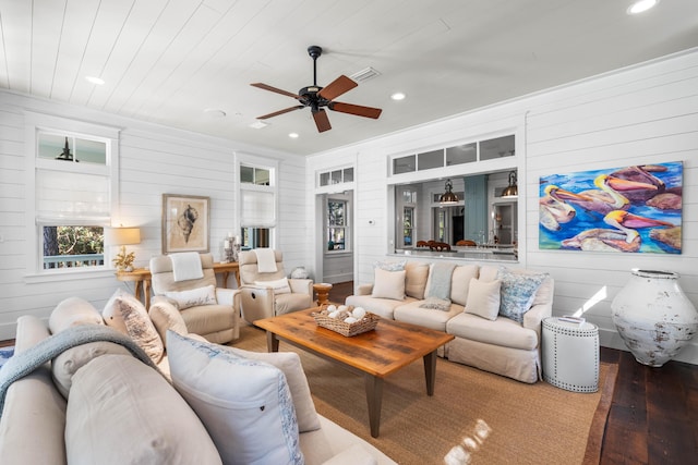 living room with ceiling fan, recessed lighting, wood finished floors, visible vents, and wood ceiling