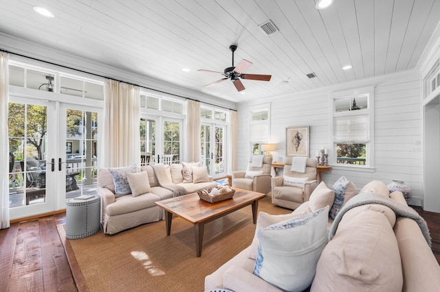 living area featuring french doors, recessed lighting, wood-type flooring, visible vents, and wood ceiling