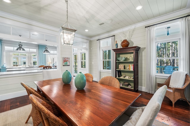 dining space featuring wooden ceiling, ornamental molding, dark wood-type flooring, and recessed lighting