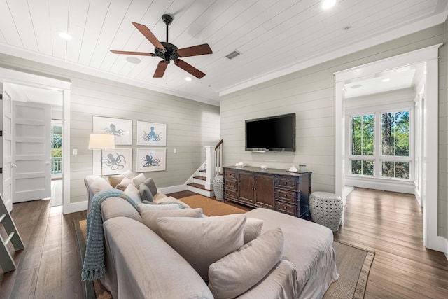 living area featuring ornamental molding, wood ceiling, wood-type flooring, and stairway