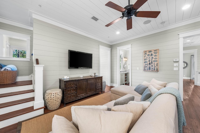 living area with recessed lighting, visible vents, a ceiling fan, wood finished floors, and wooden ceiling