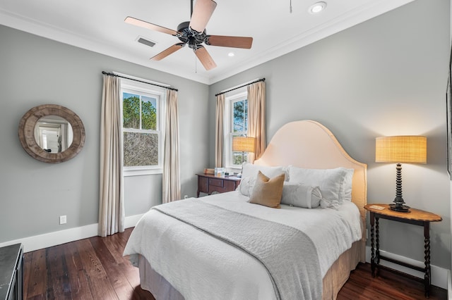 bedroom featuring recessed lighting, visible vents, baseboards, wood-type flooring, and crown molding