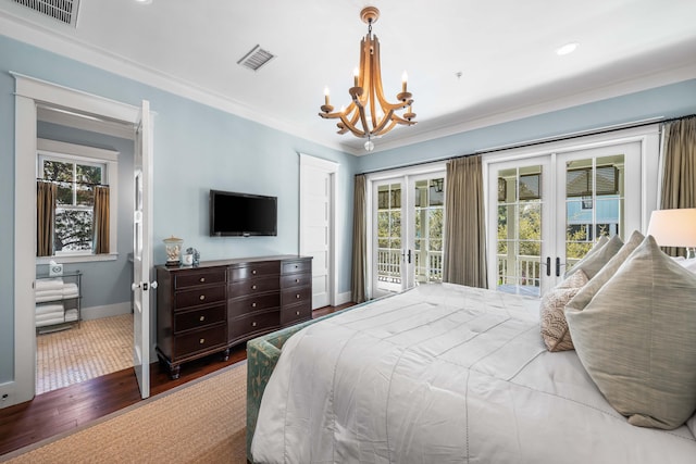 bedroom featuring access to exterior, french doors, visible vents, ornamental molding, and baseboards