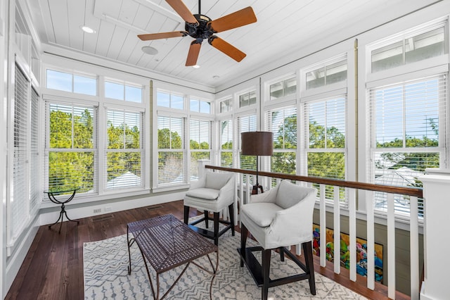 sunroom / solarium with wooden ceiling, visible vents, and ceiling fan