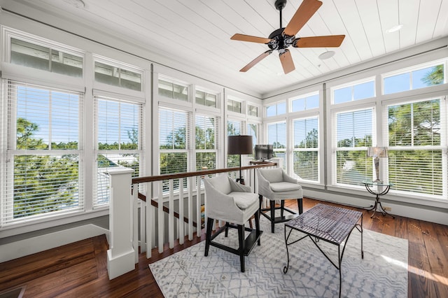 sunroom featuring ceiling fan, wooden ceiling, and visible vents