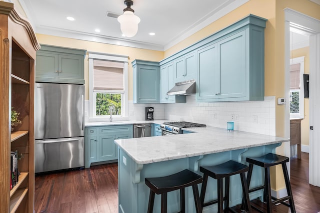 kitchen featuring appliances with stainless steel finishes, dark wood-type flooring, a peninsula, under cabinet range hood, and a sink