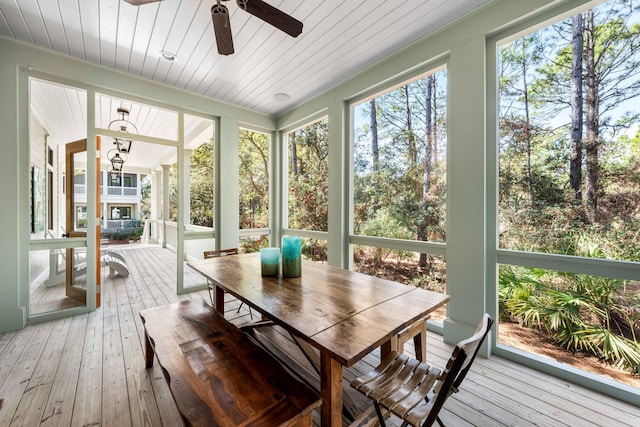 sunroom with ceiling fan and wood ceiling