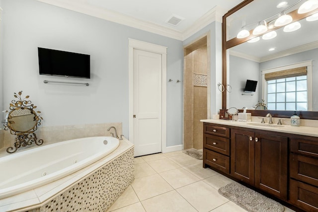 bathroom with tile patterned floors, visible vents, a jetted tub, and ornamental molding