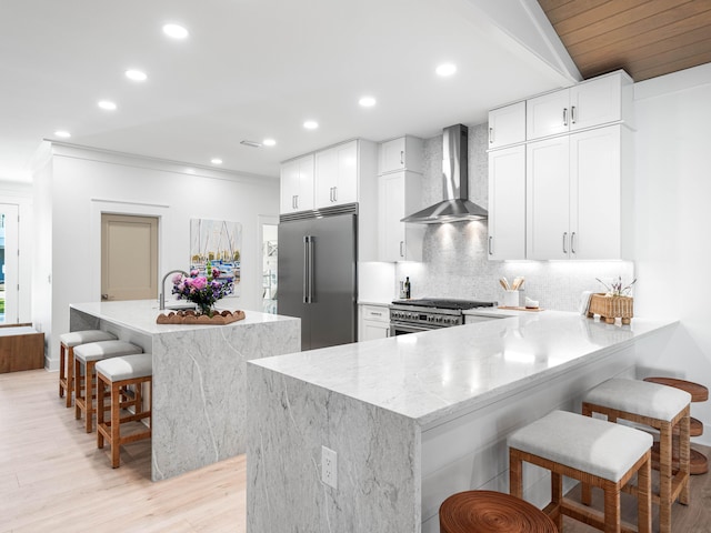 kitchen featuring high end appliances, a breakfast bar area, white cabinets, wall chimney range hood, and kitchen peninsula