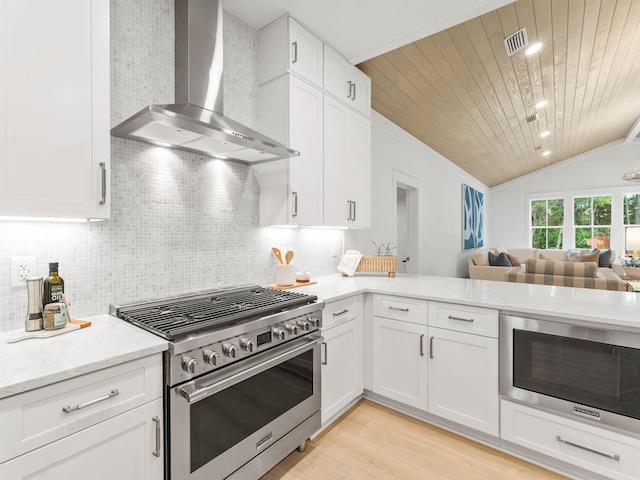 kitchen featuring high end range, white cabinetry, built in microwave, wall chimney range hood, and wooden ceiling