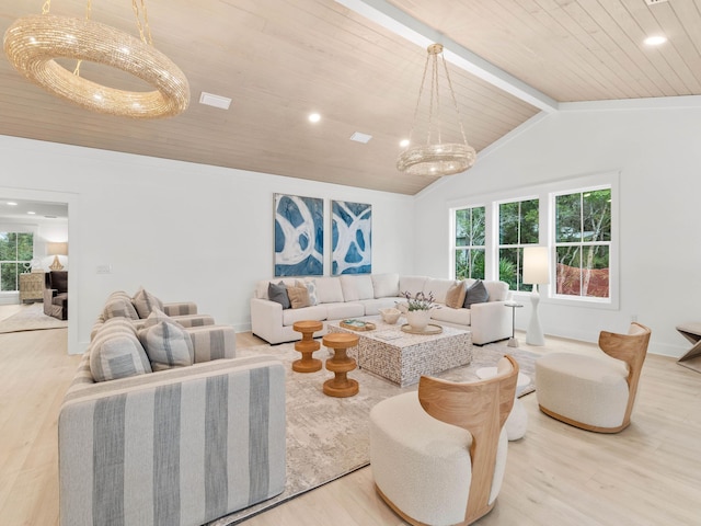 living room with wood-type flooring, wooden ceiling, lofted ceiling with beams, and a notable chandelier