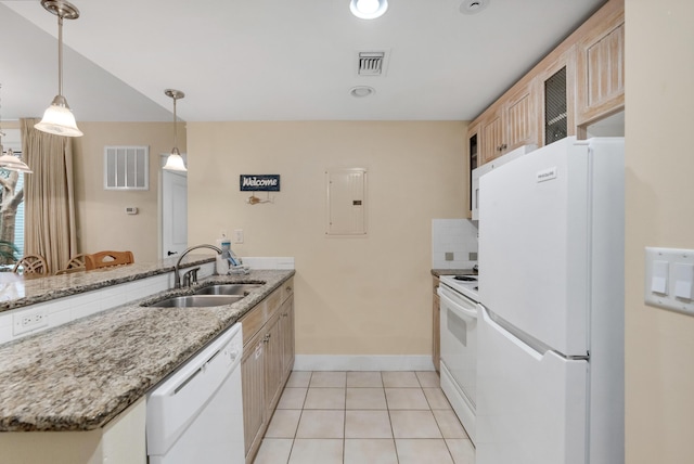 kitchen featuring kitchen peninsula, electric panel, sink, white appliances, and light stone counters