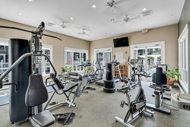 workout area featuring ceiling fan