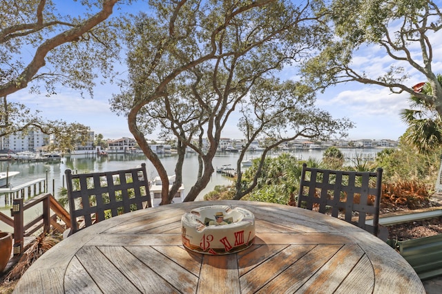 wooden terrace featuring a water view