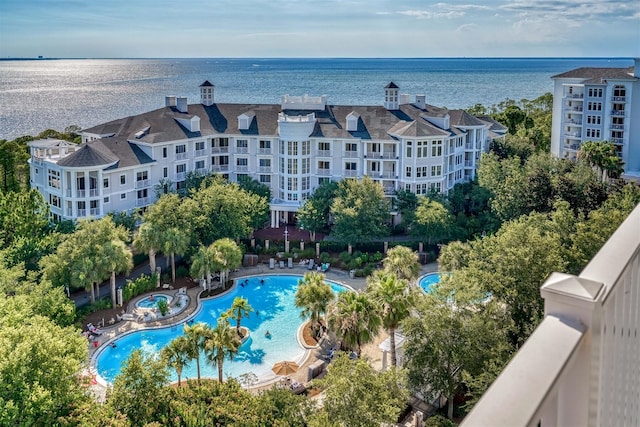 drone / aerial view with a water view