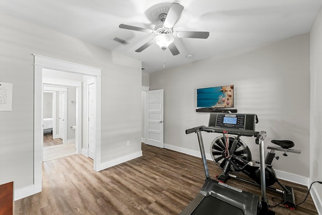 workout room with hardwood / wood-style floors and ceiling fan