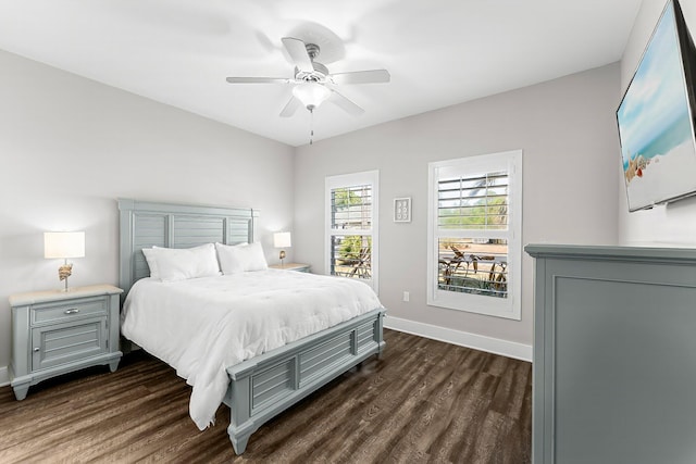 bedroom featuring dark wood-type flooring and ceiling fan