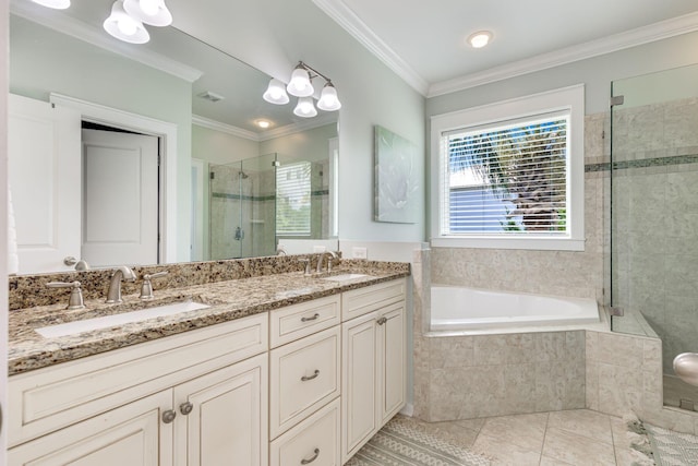 bathroom with vanity, tile patterned floors, ornamental molding, and separate shower and tub