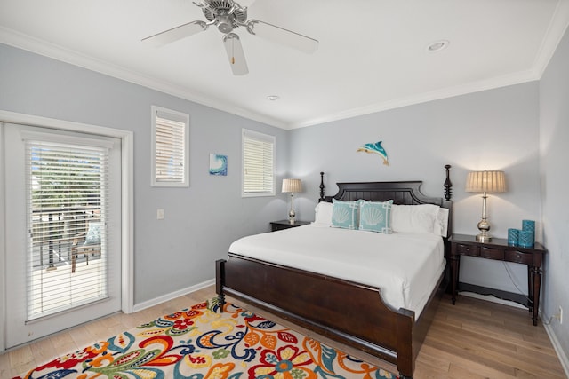 bedroom with baseboards, ceiling fan, ornamental molding, wood finished floors, and access to outside