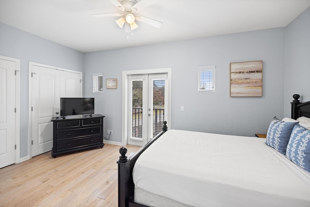 bedroom with access to exterior, french doors, light wood-style flooring, ceiling fan, and baseboards