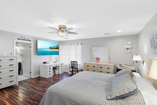 bedroom featuring dark wood-type flooring and ceiling fan