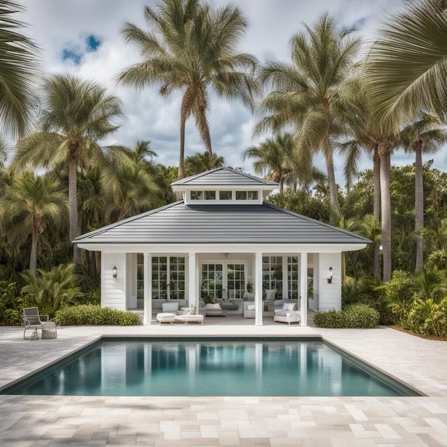 1478 Driftwood Point Rd, Santa Rosa Beach, FL 32459 - rear view of house with an outdoor living space, a storage structure, an outbuilding, and an outdoor pool