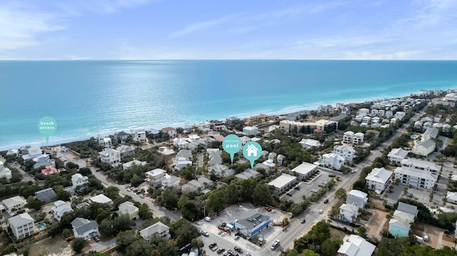 aerial view featuring a water view and a view of the beach