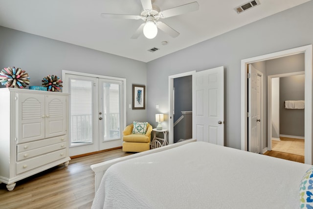 bedroom featuring access to exterior, french doors, ceiling fan, and light wood-type flooring