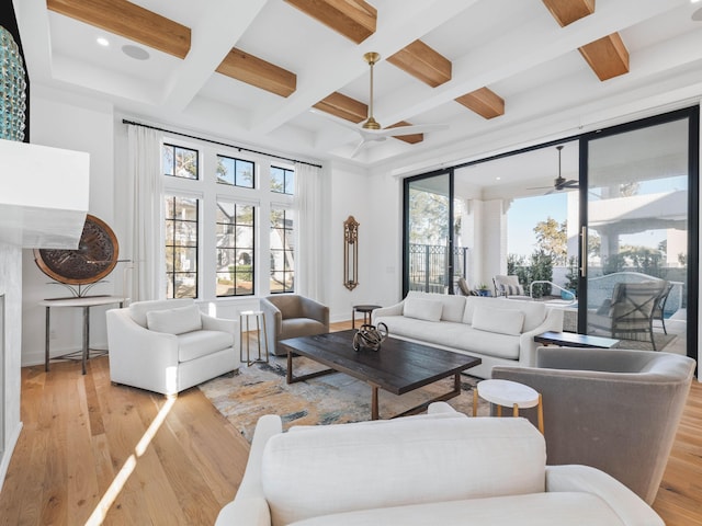 living room featuring coffered ceiling, beam ceiling, ceiling fan, and light wood-type flooring