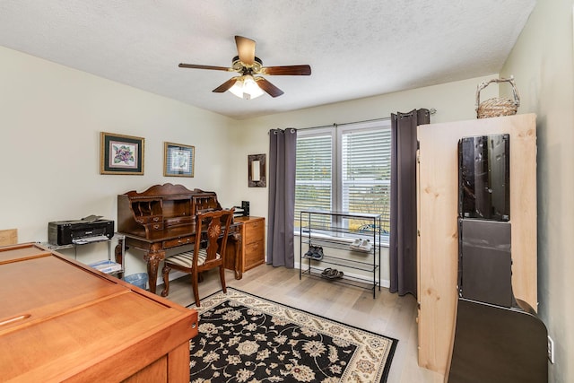 office area featuring a textured ceiling, light hardwood / wood-style floors, and ceiling fan