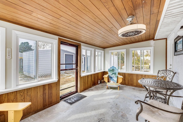 sunroom with wood ceiling and vaulted ceiling