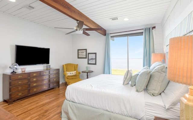 bedroom with beamed ceiling, ceiling fan, light hardwood / wood-style floors, and wooden ceiling